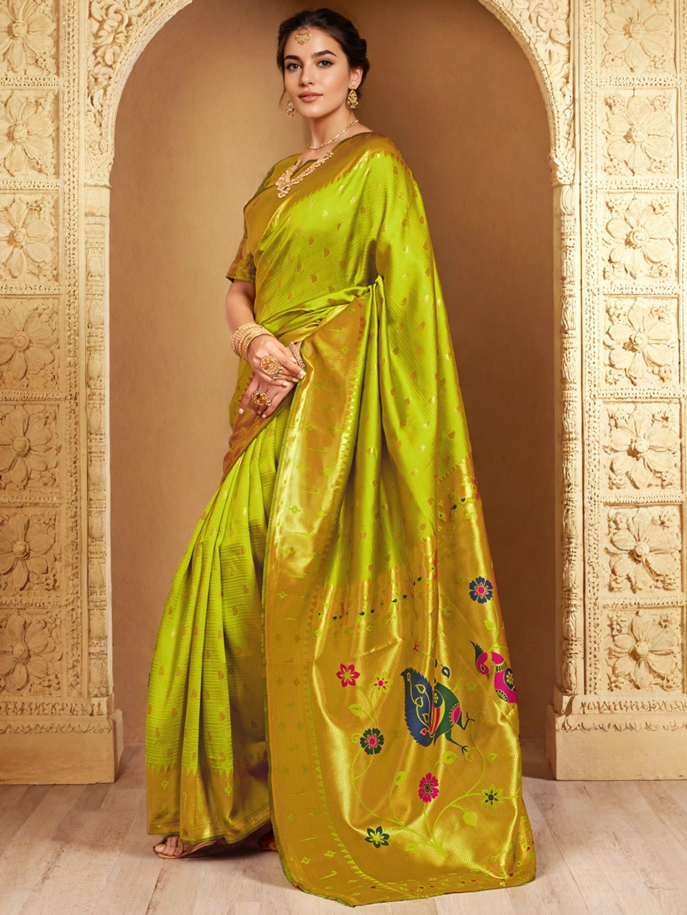 Woven Silk Blend Lime Green Paithani Saree - Rheycart