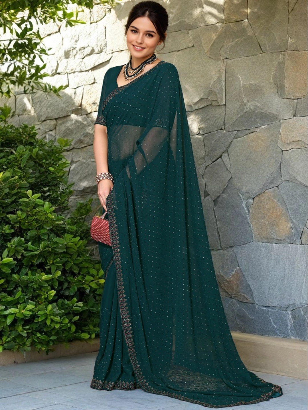 Green Georgette Saree With Unstitched Blouse - Rheycart