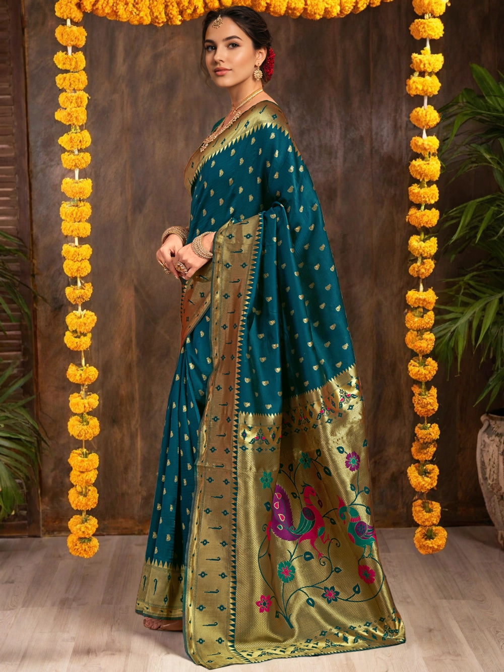 Teal Paithani Silk Saree With Zari Weaving - Rheycart