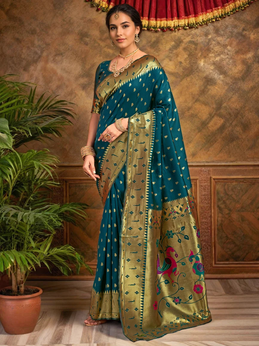 Teal Paithani Silk Saree With Zari Weaving - Rheycart