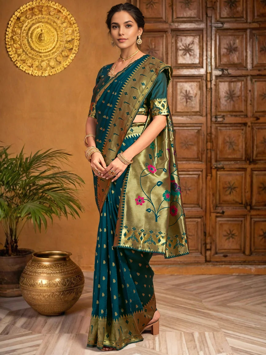 Teal Paithani Silk Saree With Zari Weaving - Rheycart