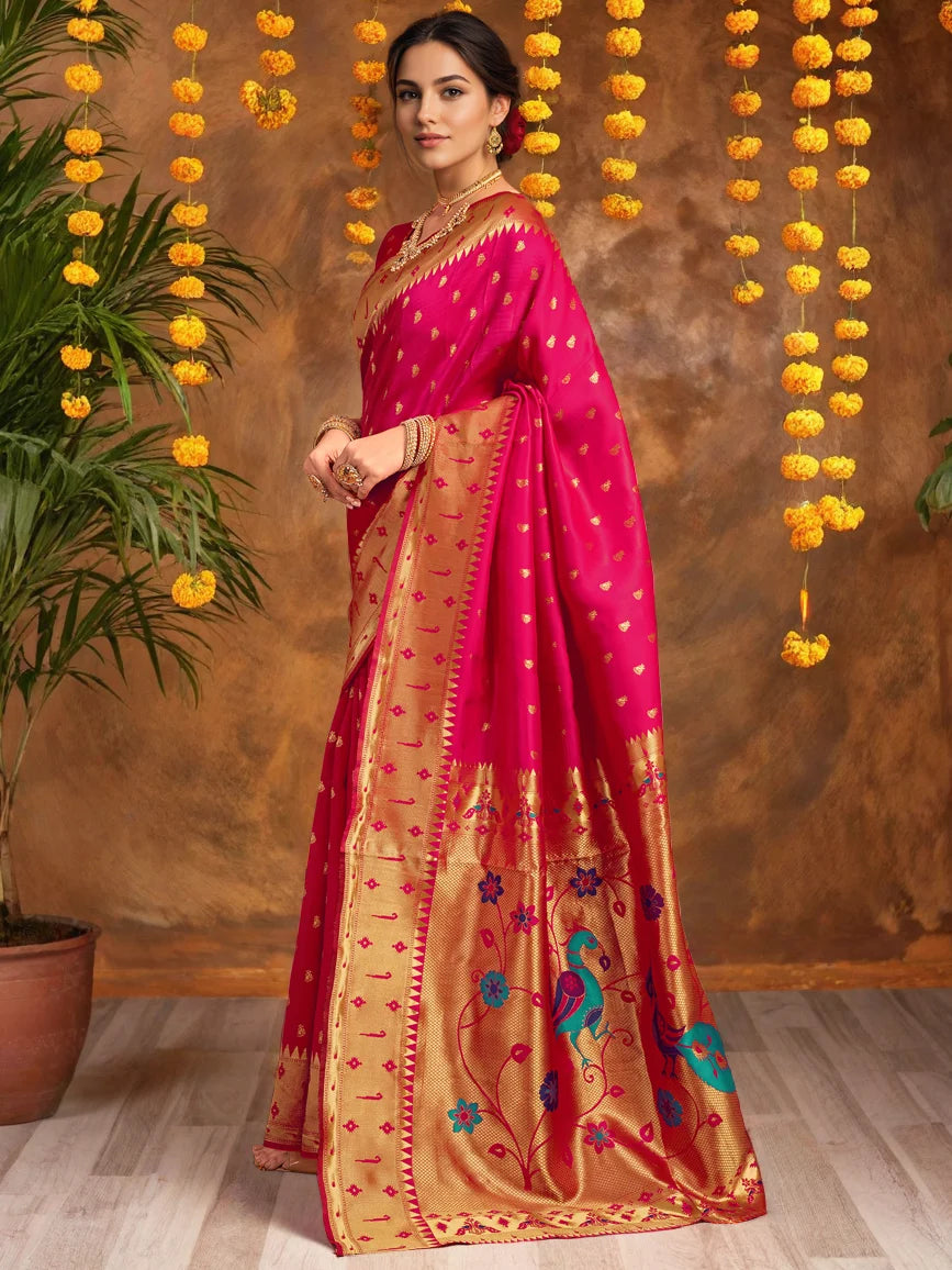 Rani Pink Silk Zari Weaving Saree For Women's