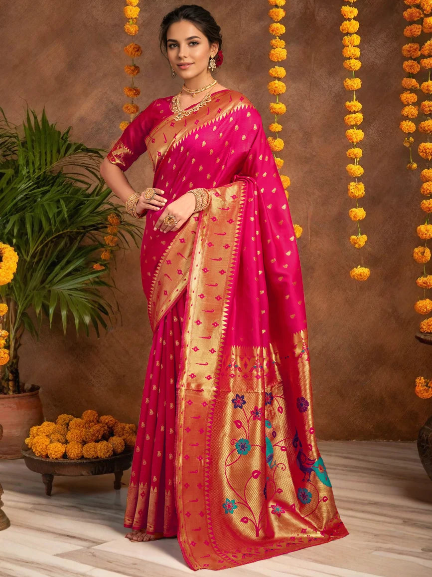 Rani Pink Silk Zari Weaving Saree For Women's