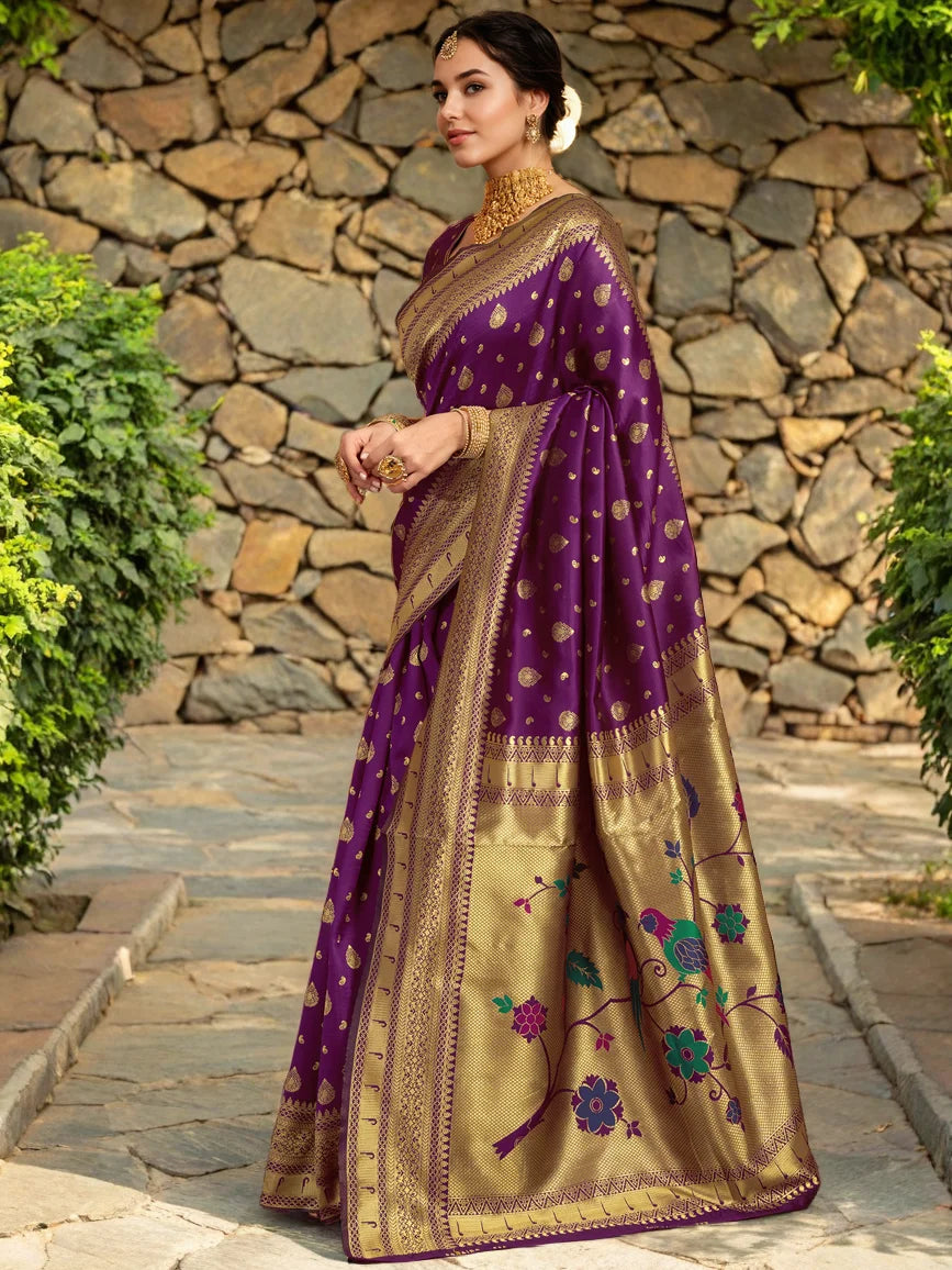Exquisite Parrot Motif Paithani Purple Silk Saree - Rheycart