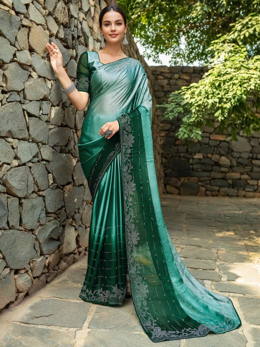 Stone Embellished Pastel Green Silk Saree For Women - Rheycart