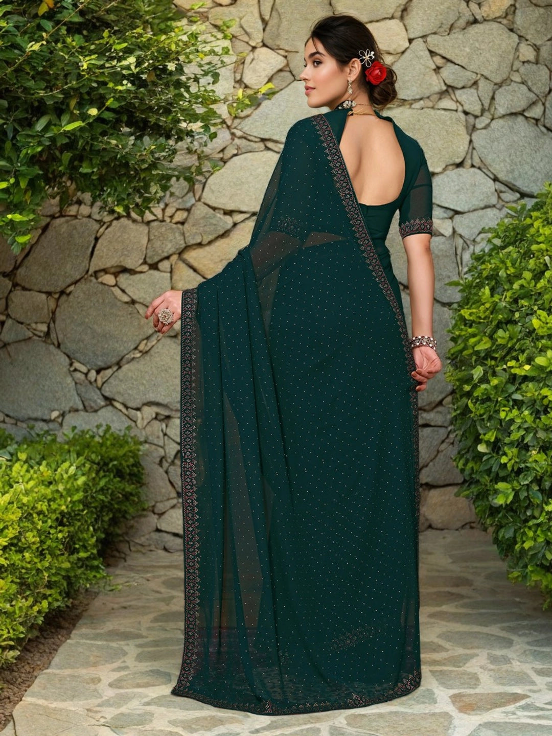 Green Georgette Saree With Unstitched Blouse - Rheycart
