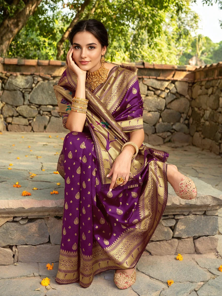 Exquisite Parrot Motif Paithani Purple Silk Saree - Rheycart