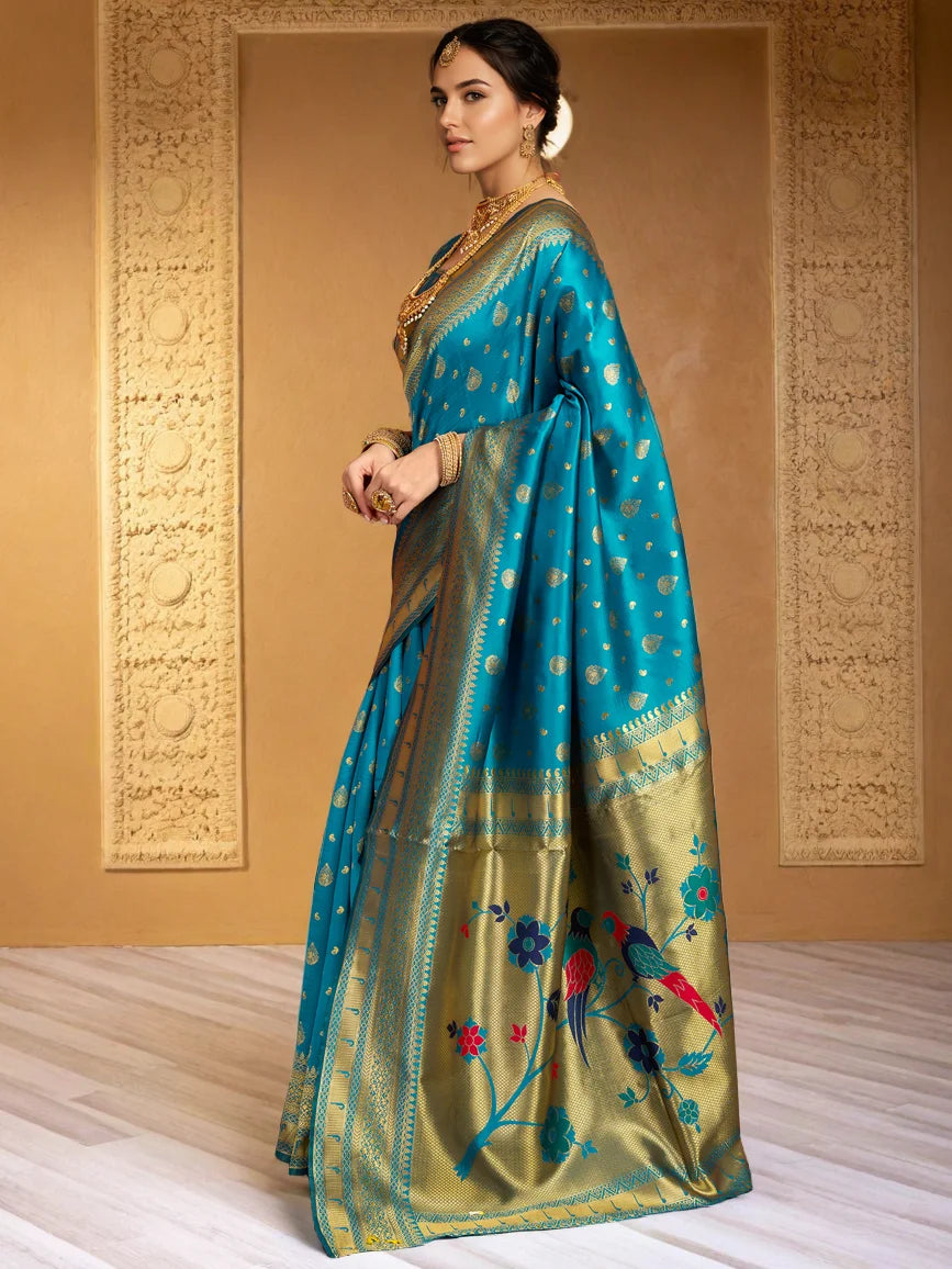 Blue Zari Weaving Silk Paithani Saree For Women's - Rheycart