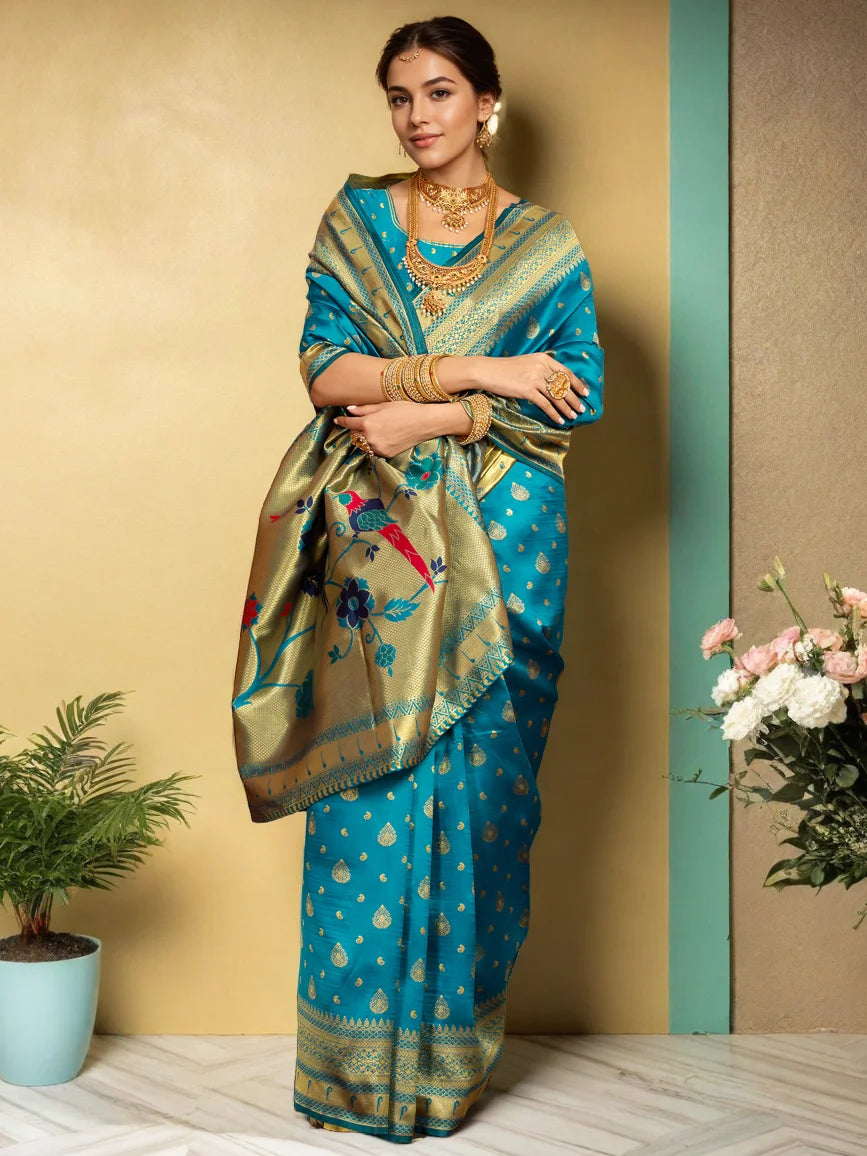 Blue Zari Weaving Silk Paithani Saree For Women's - Rheycart