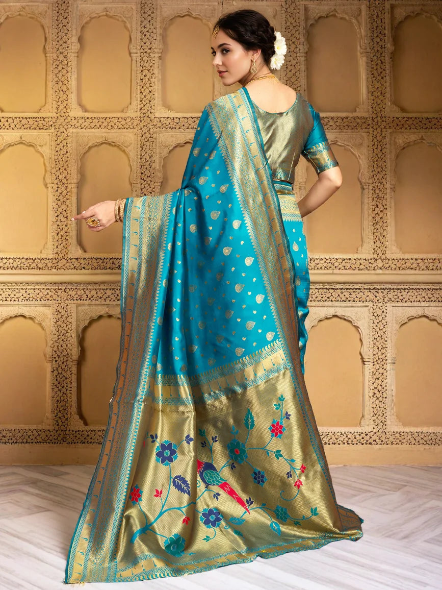 Blue Zari Weaving Silk Paithani Saree For Women's - Rheycart