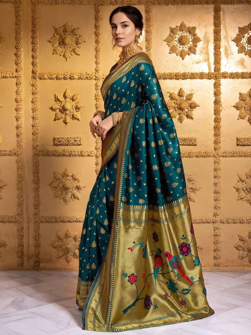 Teal Green Paithani Silk Saree With Peacock Motif Pallu - Rheycart