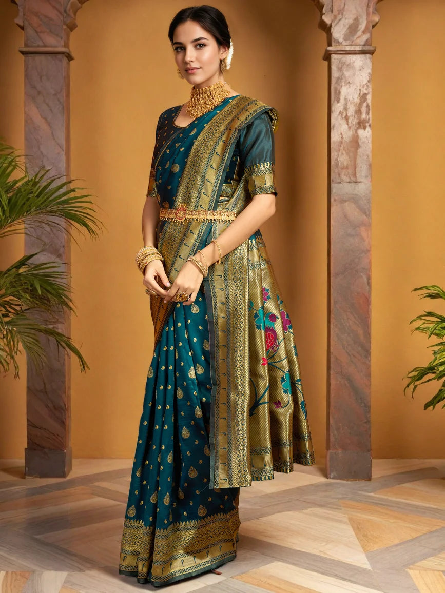 Teal Green Paithani Silk Saree With Peacock Motif Pallu - Rheycart