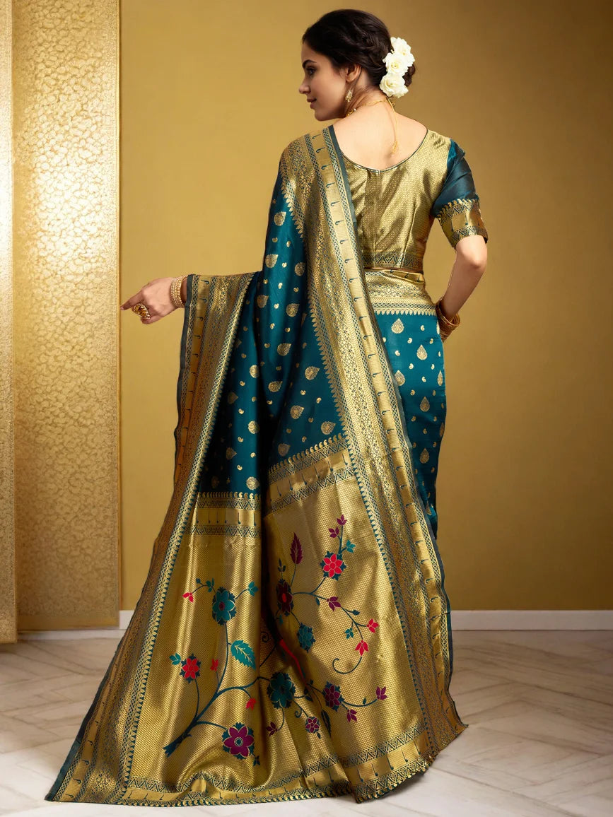 Teal Green Paithani Silk Saree With Peacock Motif Pallu - Rheycart