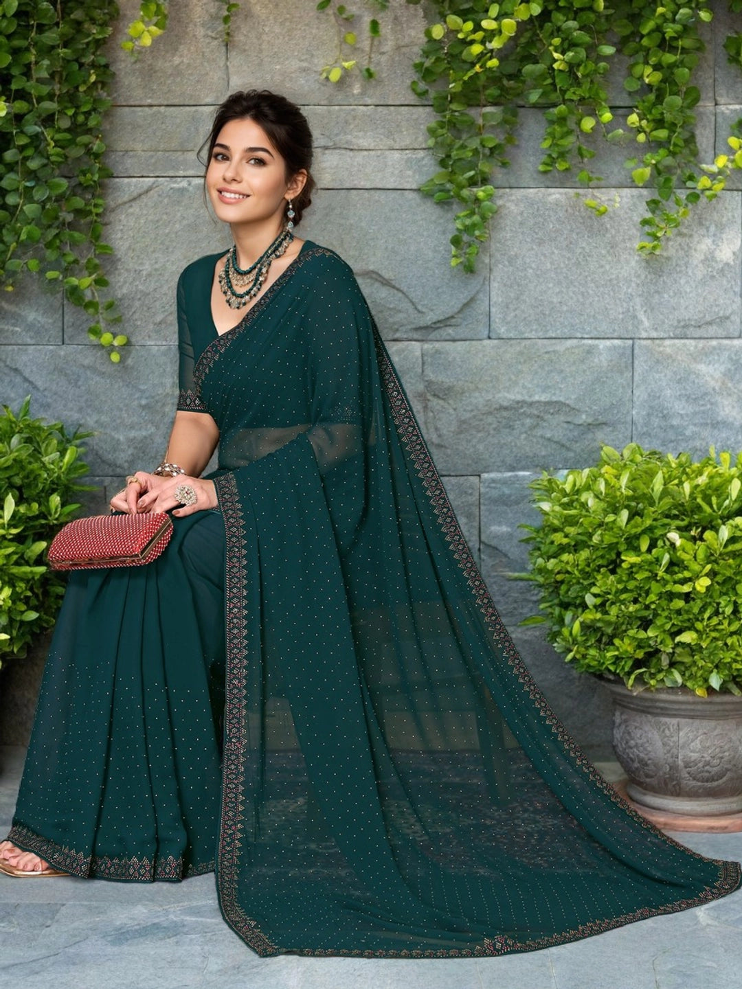 Green Georgette Saree With Unstitched Blouse - Rheycart