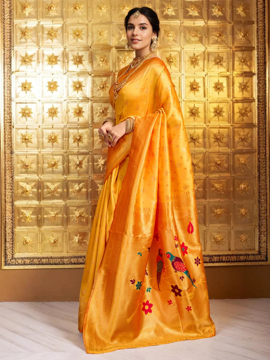 Orange Color Zari Weaving Paithani Silk Saree - Rheycart