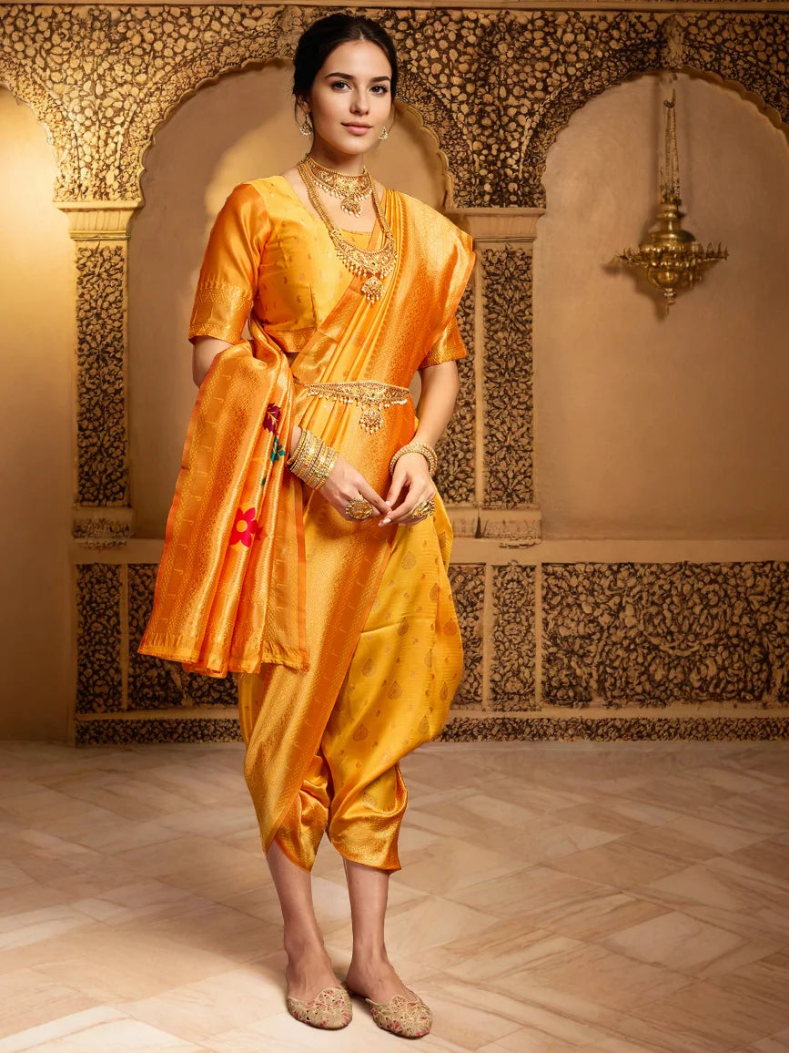 Orange Color Zari Weaving Paithani Silk Saree - Rheycart