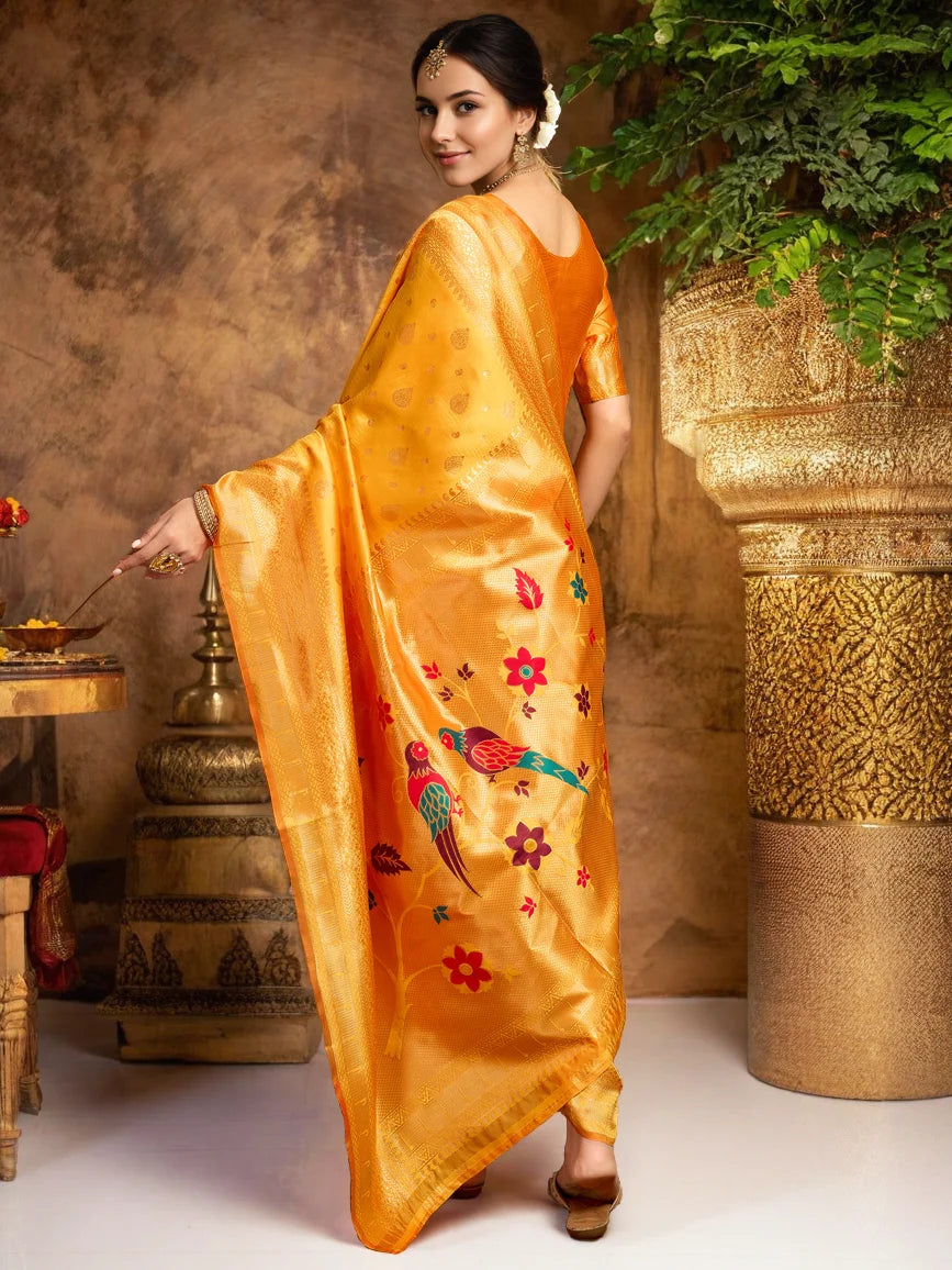 Orange Color Zari Weaving Paithani Silk Saree - Rheycart