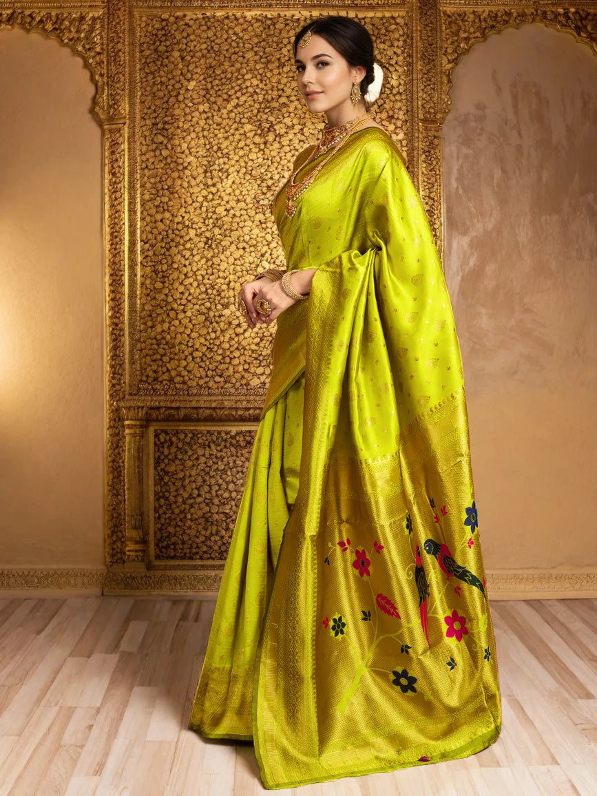 Zari Weaving Lime Green Paithani Silk Saree - Rheycart