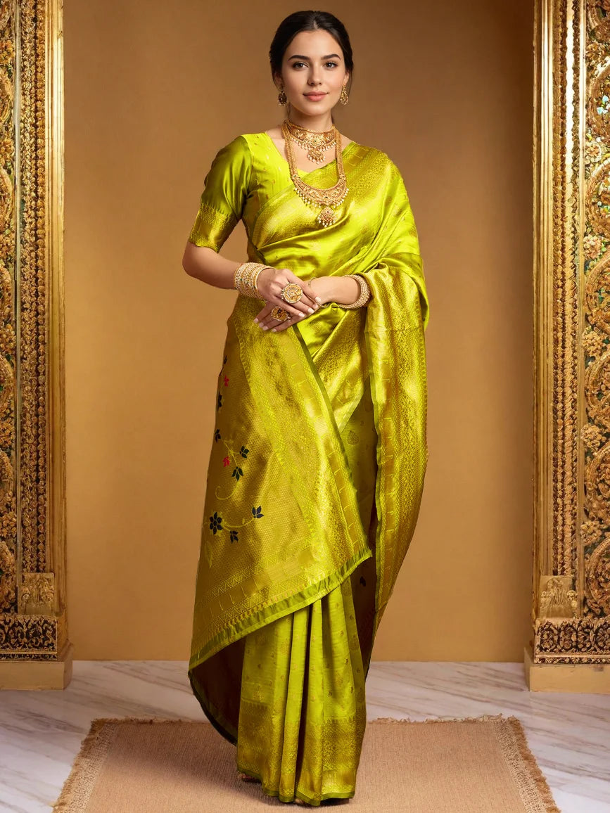 Zari Weaving Lime Green Paithani Silk Saree - Rheycart