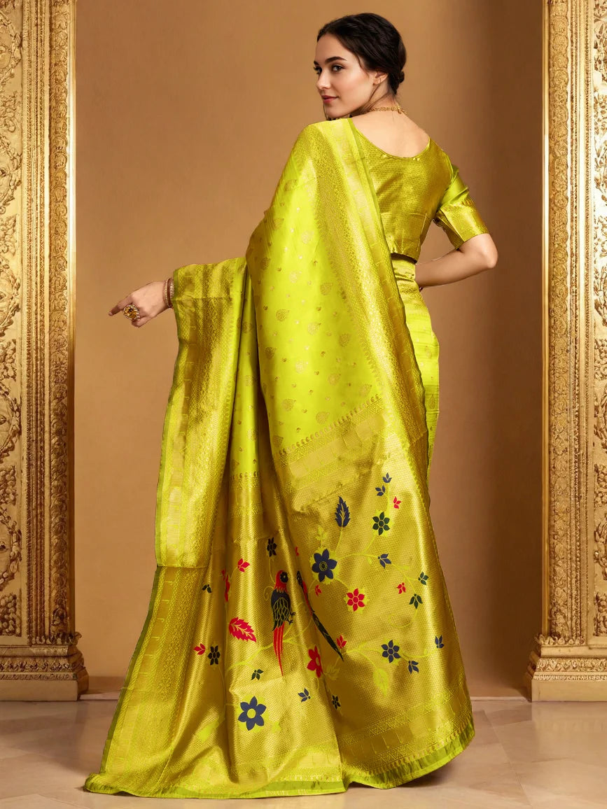 Zari Weaving Lime Green Paithani Silk Saree - Rheycart