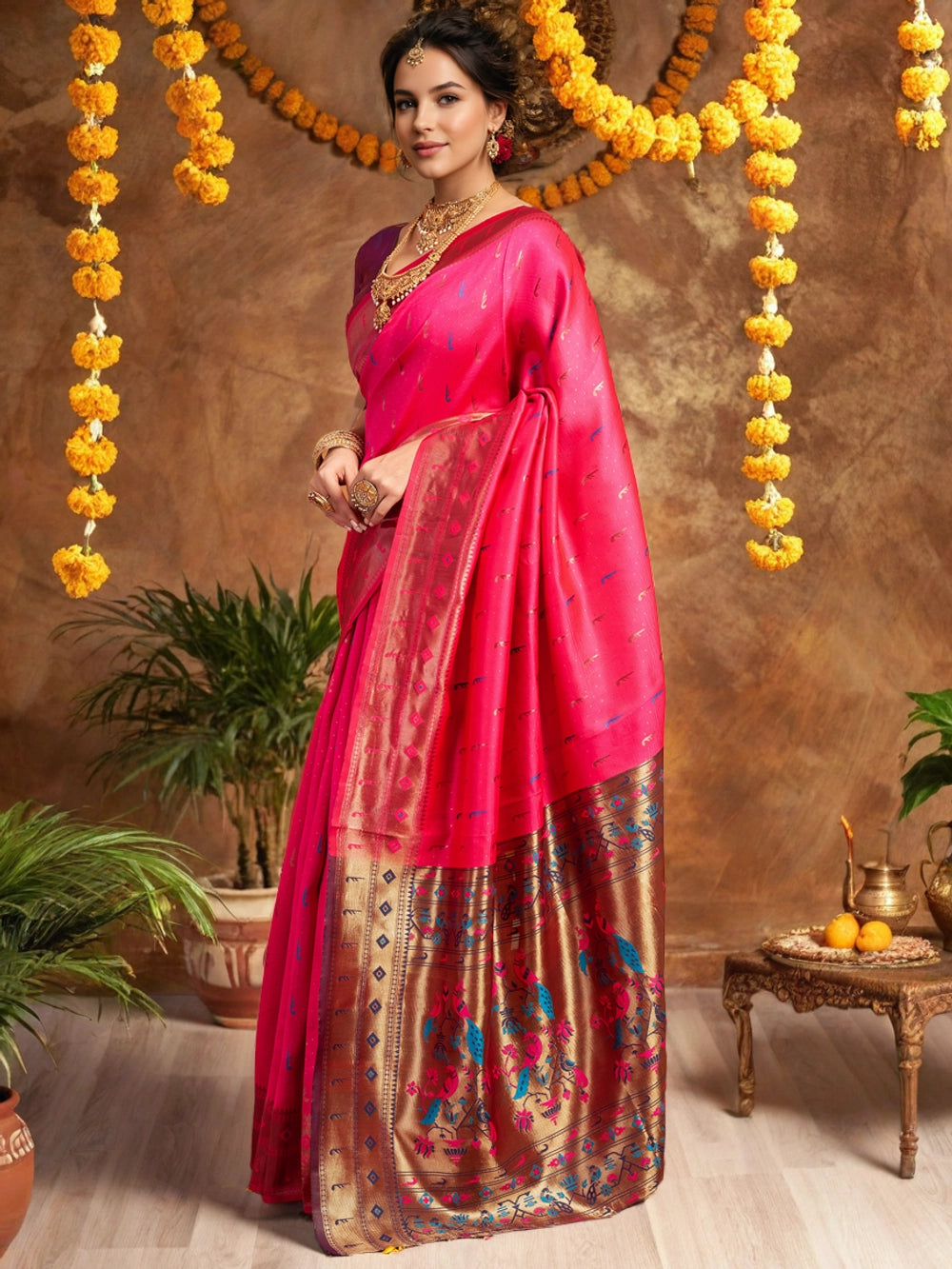 Pink Silk Blend Peacock Design Pallu Paithani Saree - Rheycart