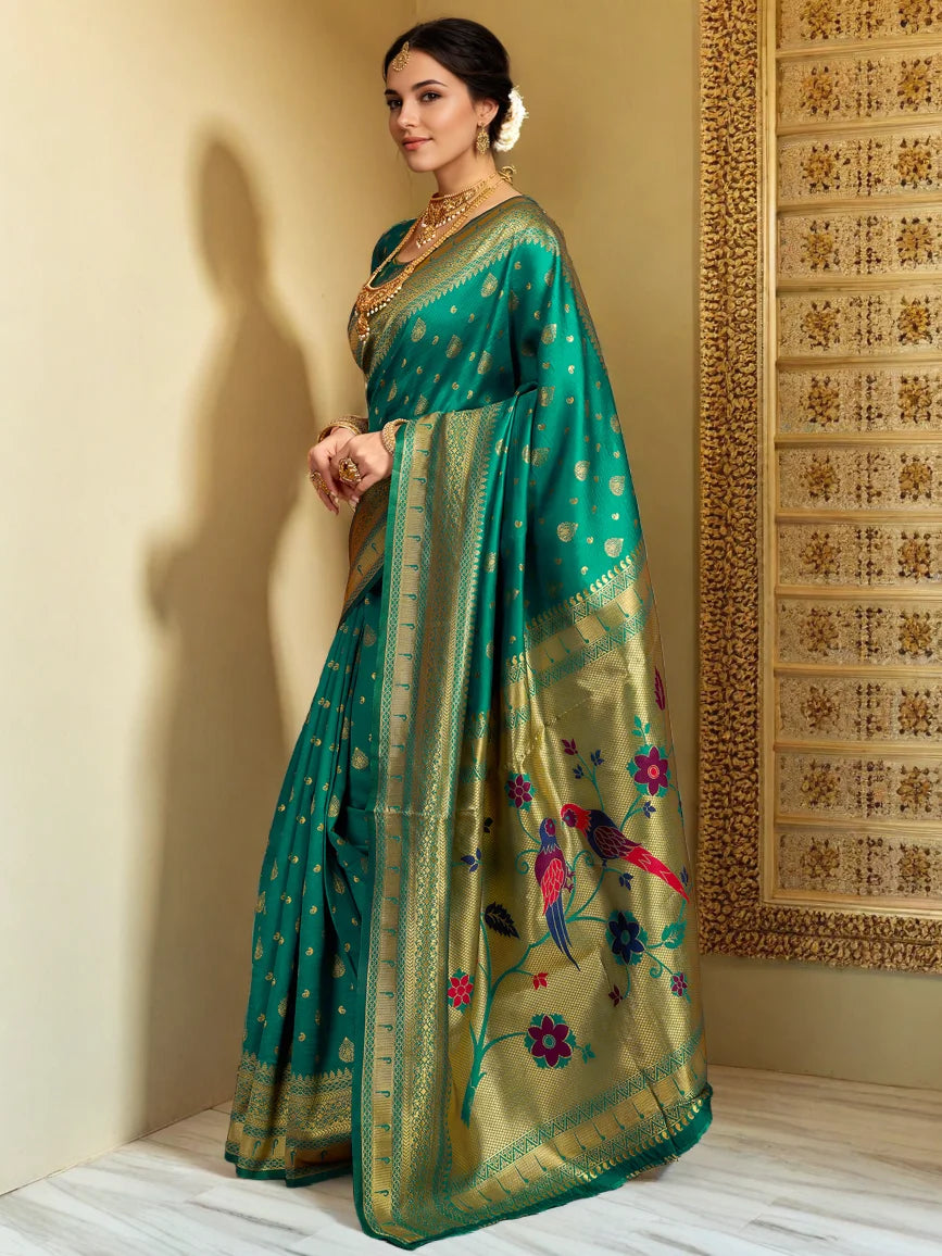 Silk Blend Green Color Paithani Saree For Women