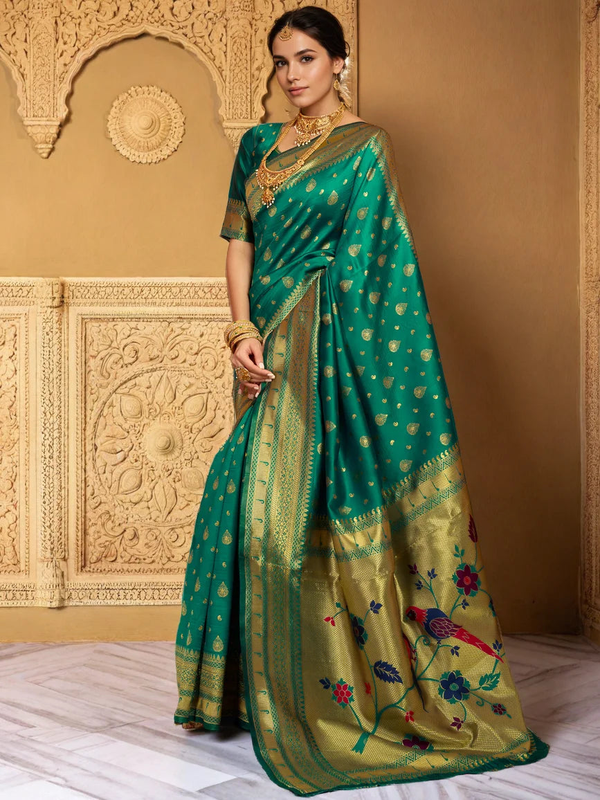 Silk Blend Green Color Paithani Saree For Women