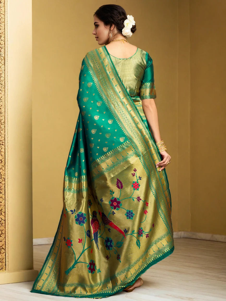 Silk Blend Green Color Paithani Saree For Women
