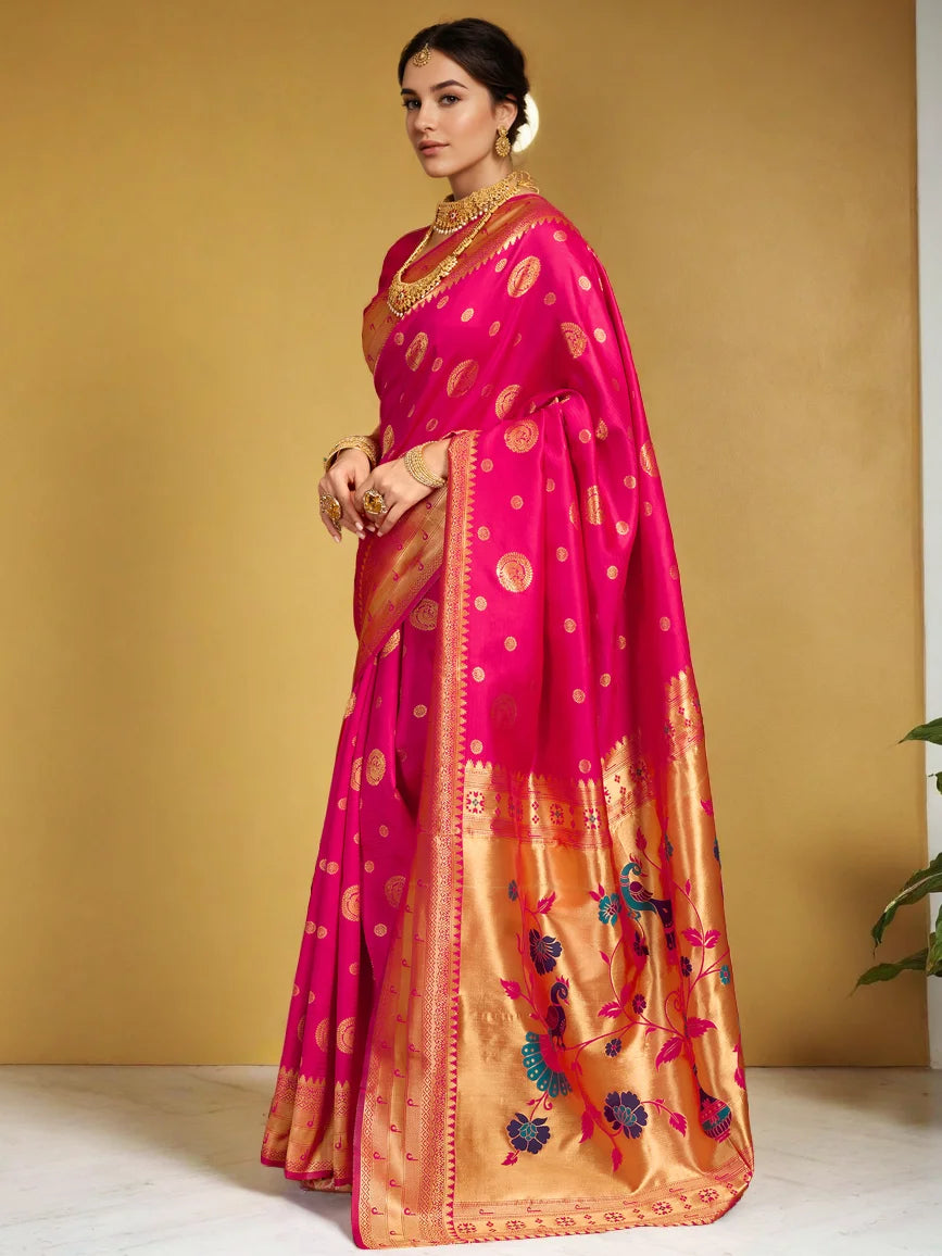 Silk Blend Rani Pink Paithani Saree - Rheycart