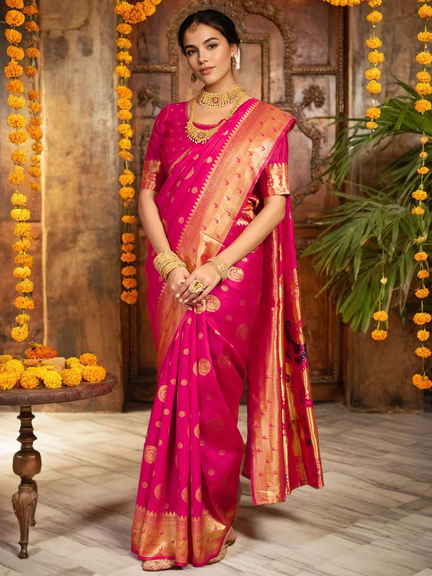 Silk Blend Rani Pink Paithani Saree - Rheycart