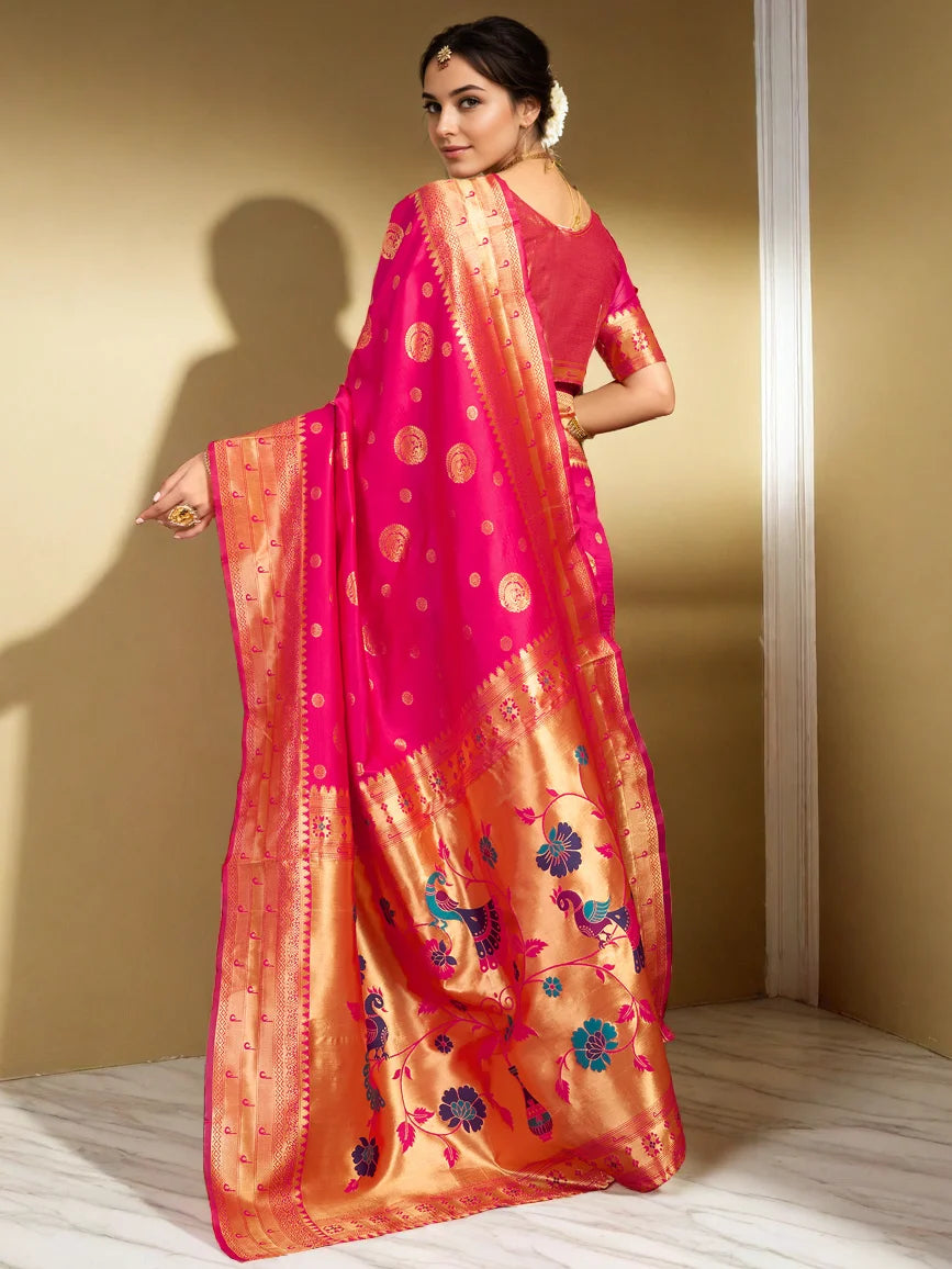 Silk Blend Rani Pink Paithani Saree - Rheycart