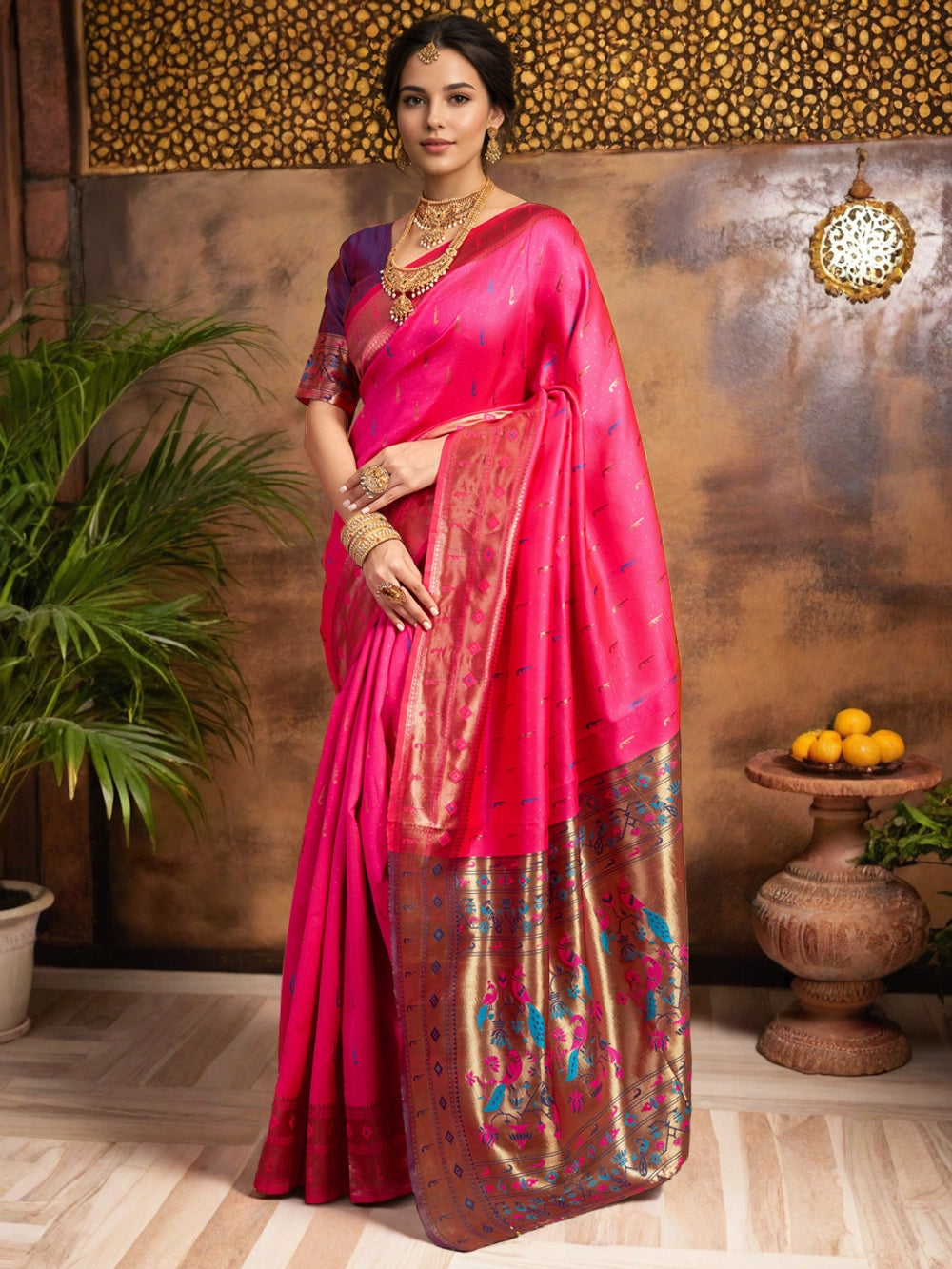 Pink Silk Blend Peacock Design Pallu Paithani Saree - Rheycart