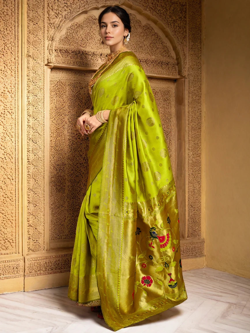 Lime Green Paithani Silk Saree With Zari Weaving Work - Rheycart