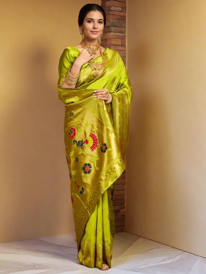 Lime Green Paithani Silk Saree With Zari Weaving Work - Rheycart