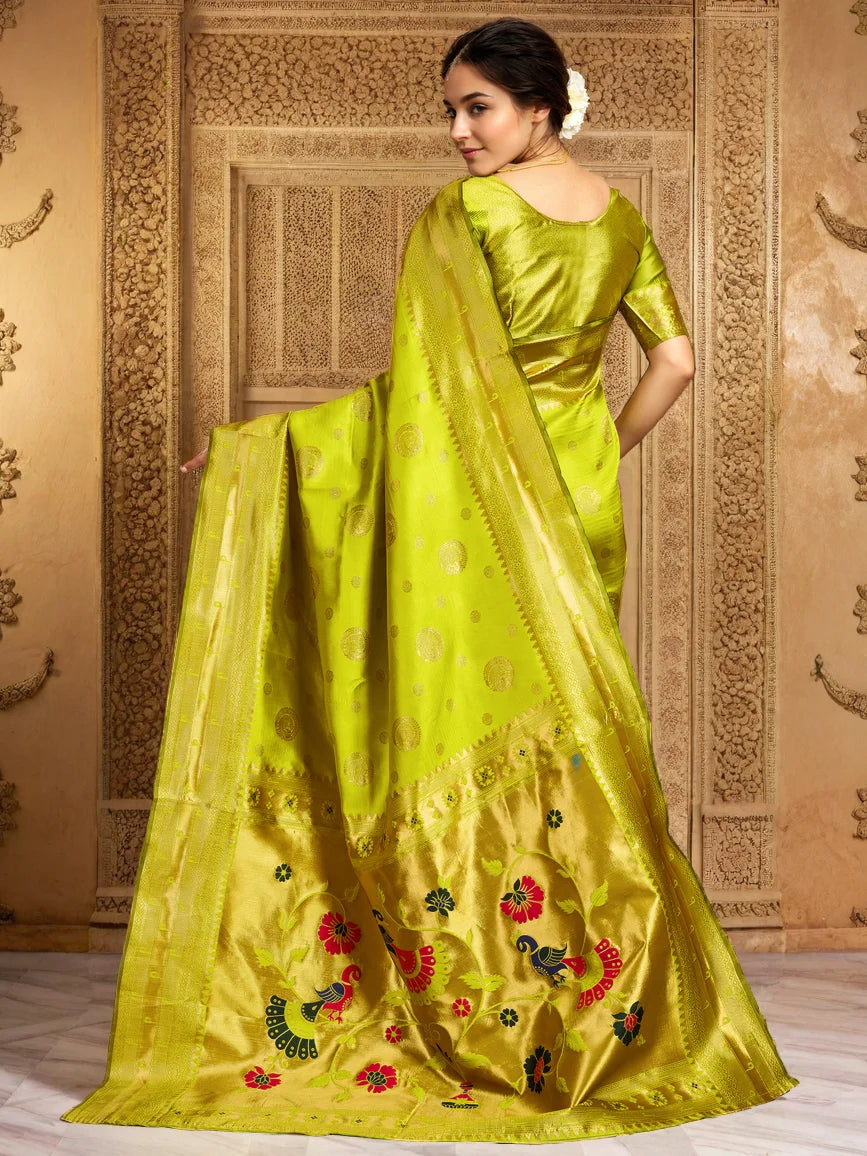 Lime Green Paithani Silk Saree With Zari Weaving Work - Rheycart