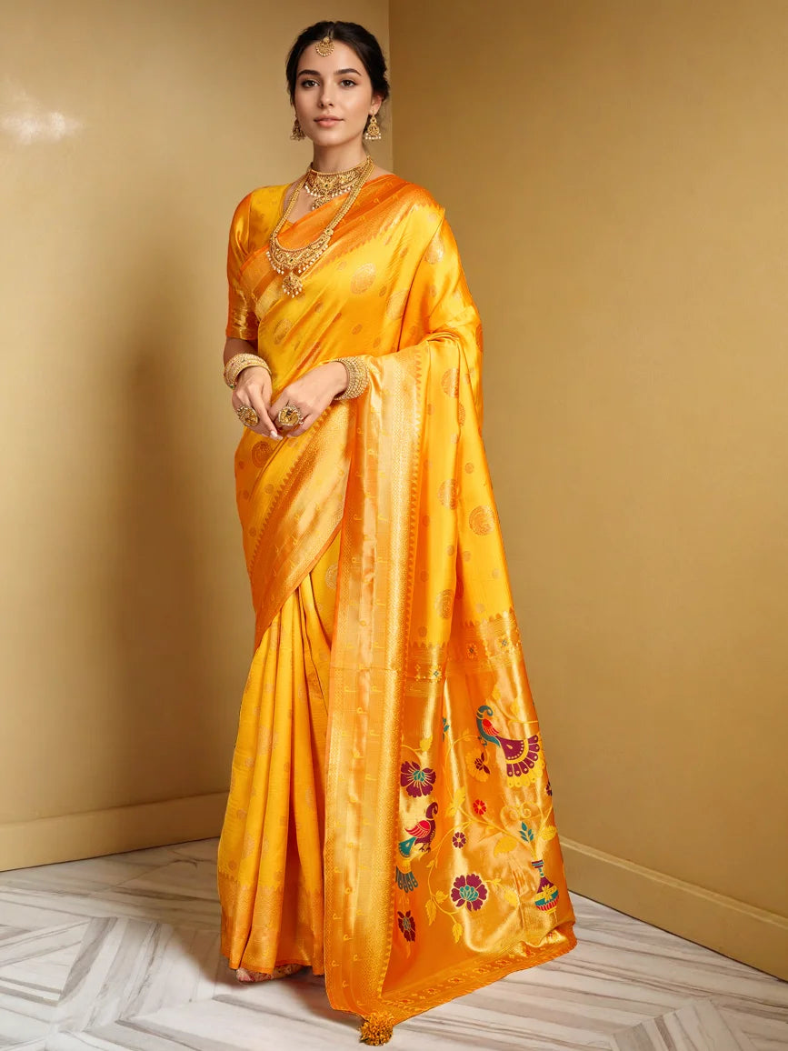 Exquisite Peacock Motif Paithani Orange Silk Saree - Rheycart