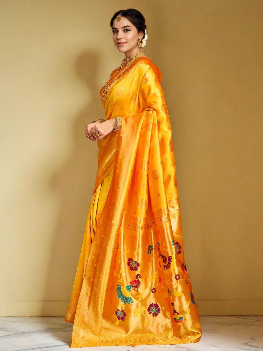 Exquisite Peacock Motif Paithani Orange Silk Saree - Rheycart