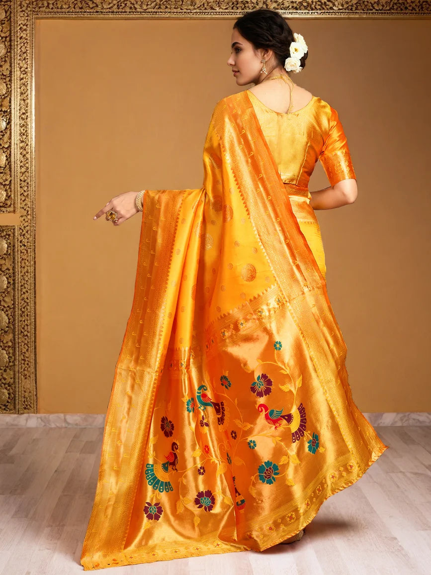 Exquisite Peacock Motif Paithani Orange Silk Saree - Rheycart
