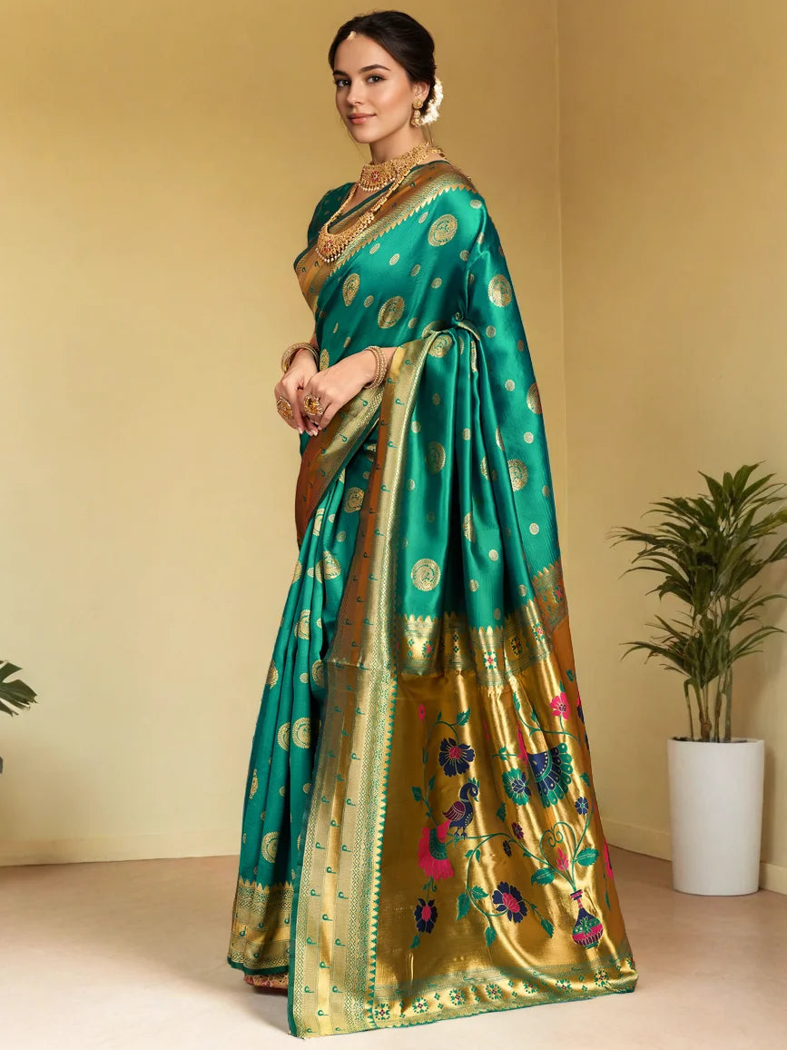 Green Silk Blend Paithani Saree With Unstitched Blouse