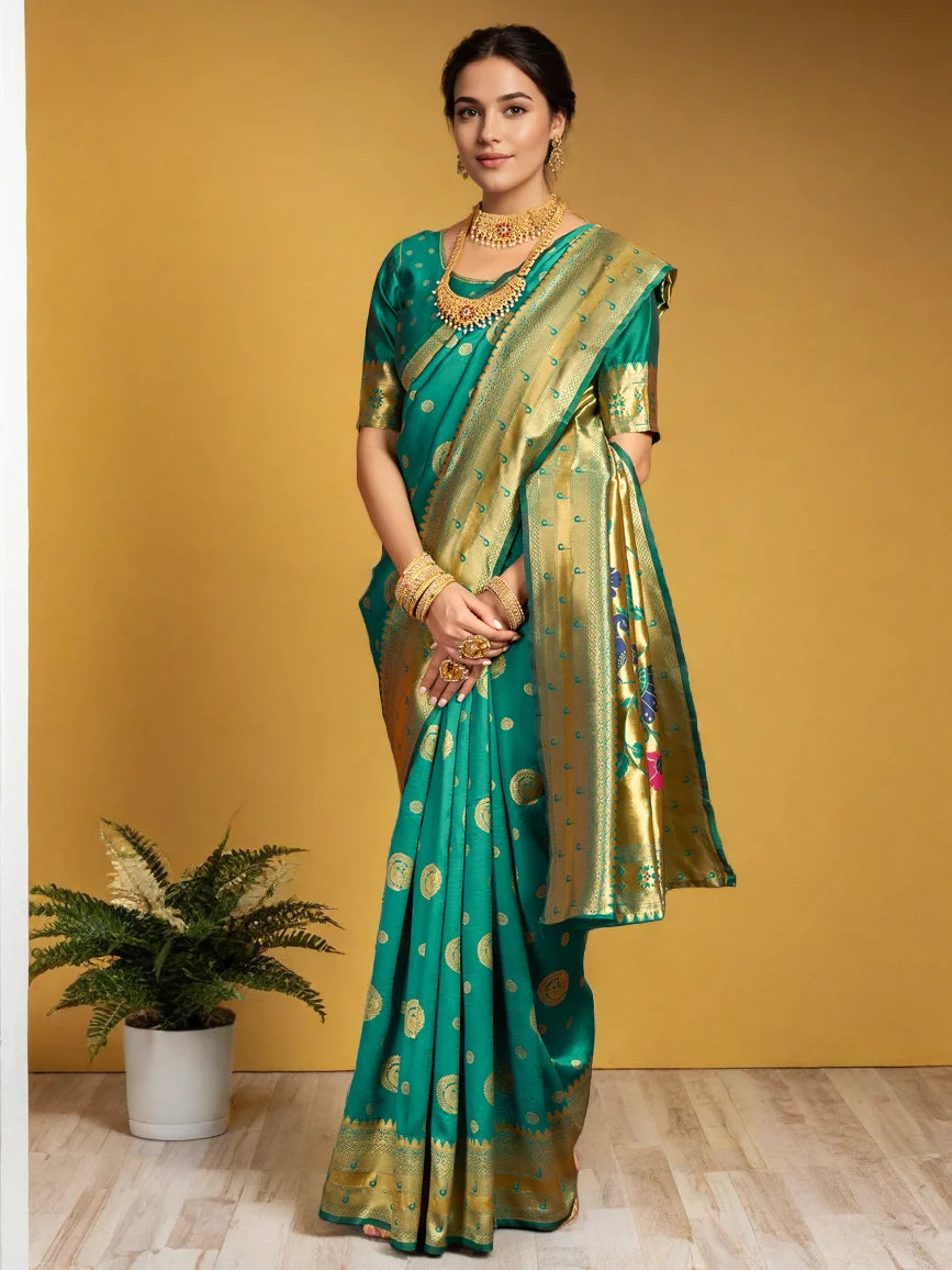 Green Silk Blend Paithani Saree With Unstitched Blouse