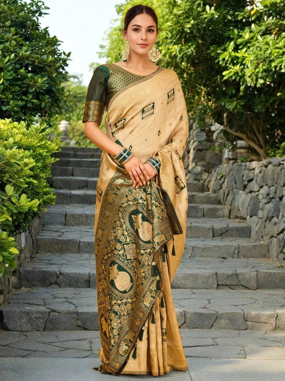 Woven Silk Cream Paithani Saree - Rheycart