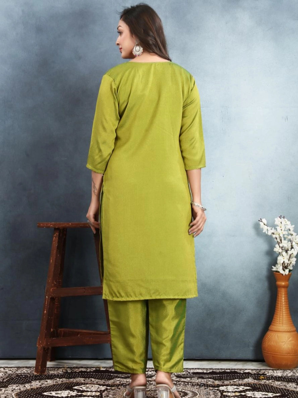 Lime Green Color Vichitra Silk Kurti For Women's - Rheycart