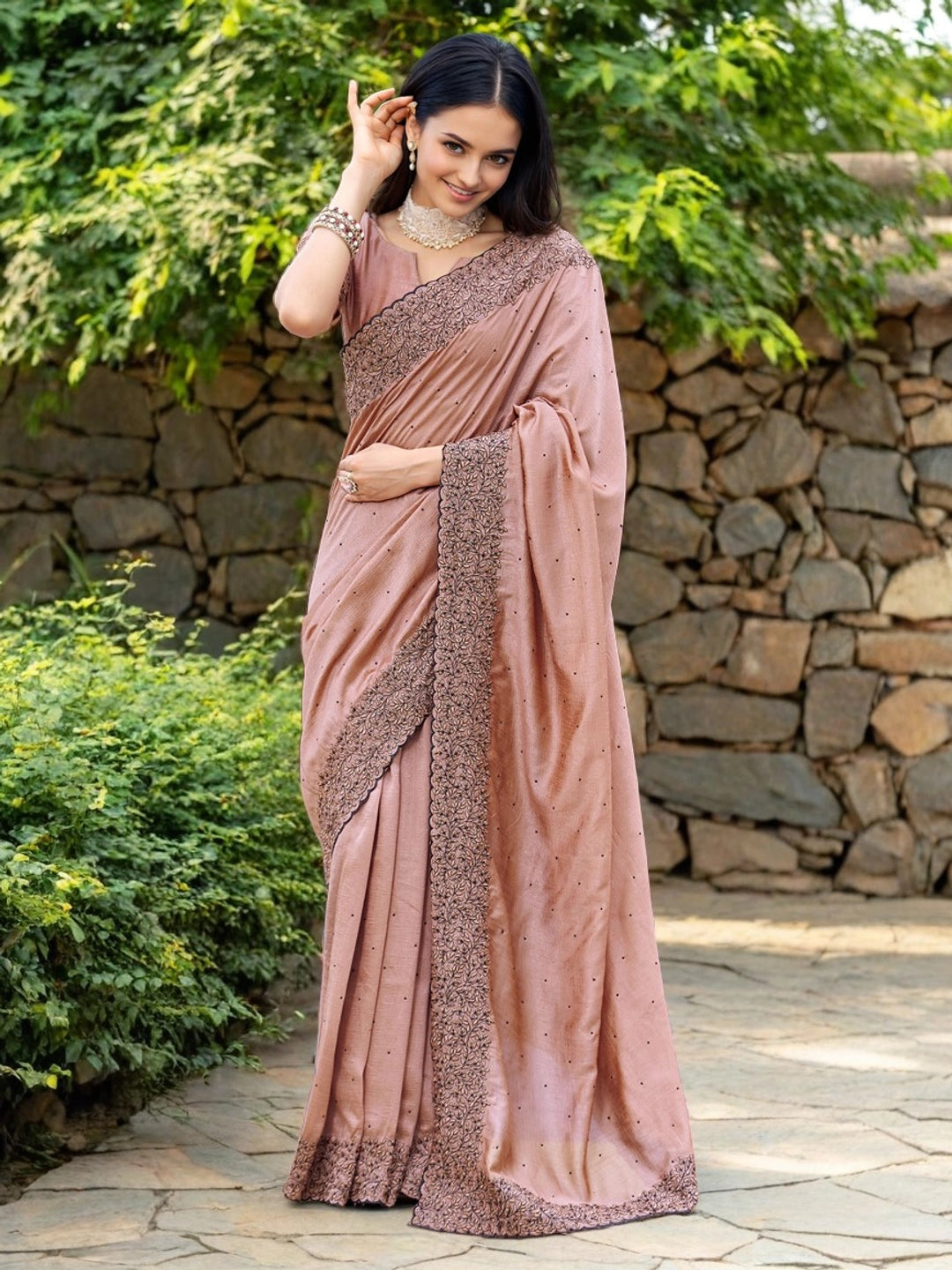 Light Peach Silk Saree With Stone Work - Rheycart