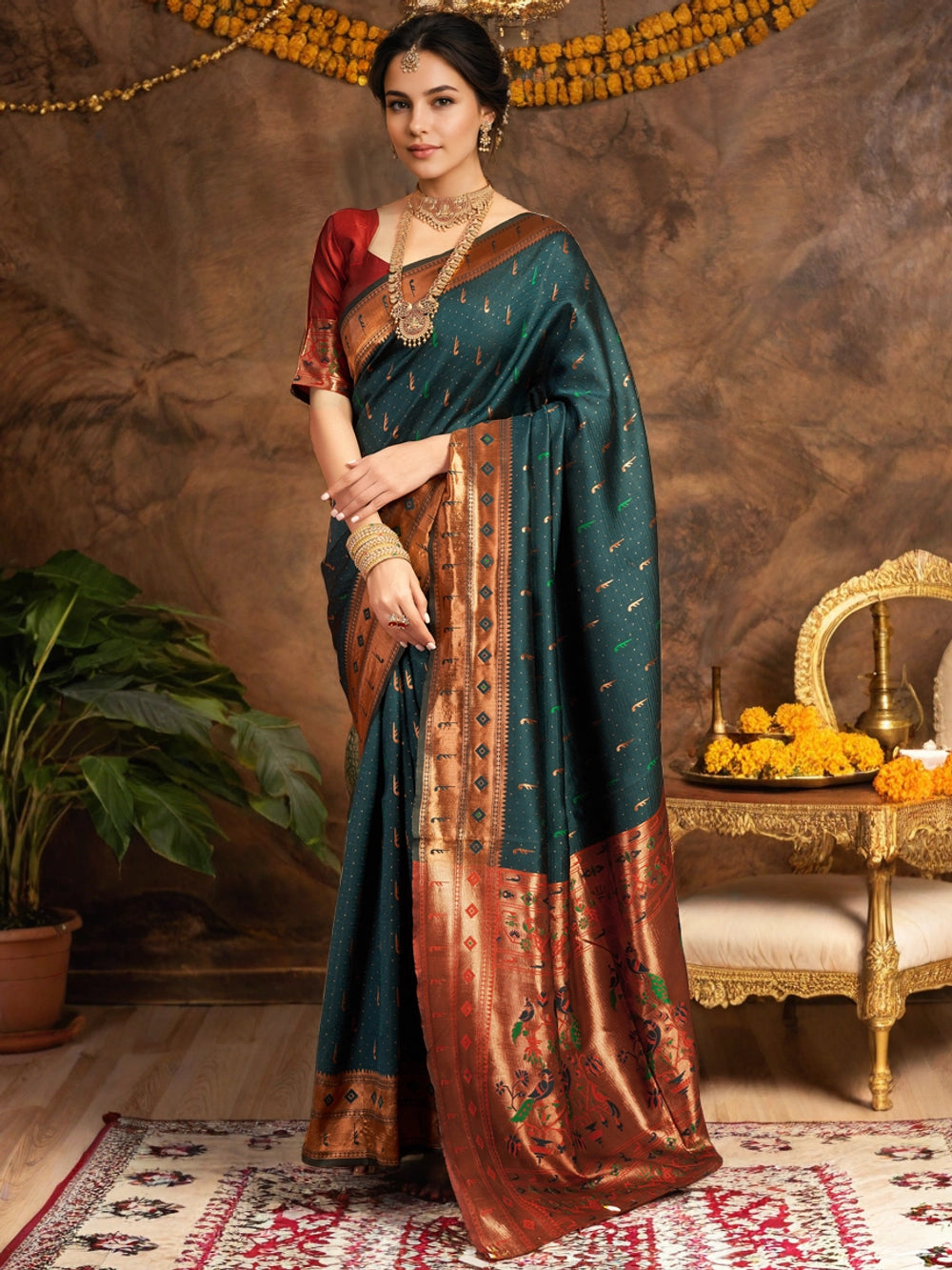 Teal Blue Silk Blend Paithani Saree With Unstitched Blouse - Rheycart