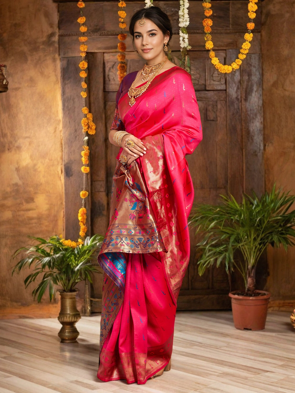 Pink Silk Blend Peacock Design Pallu Paithani Saree - Rheycart