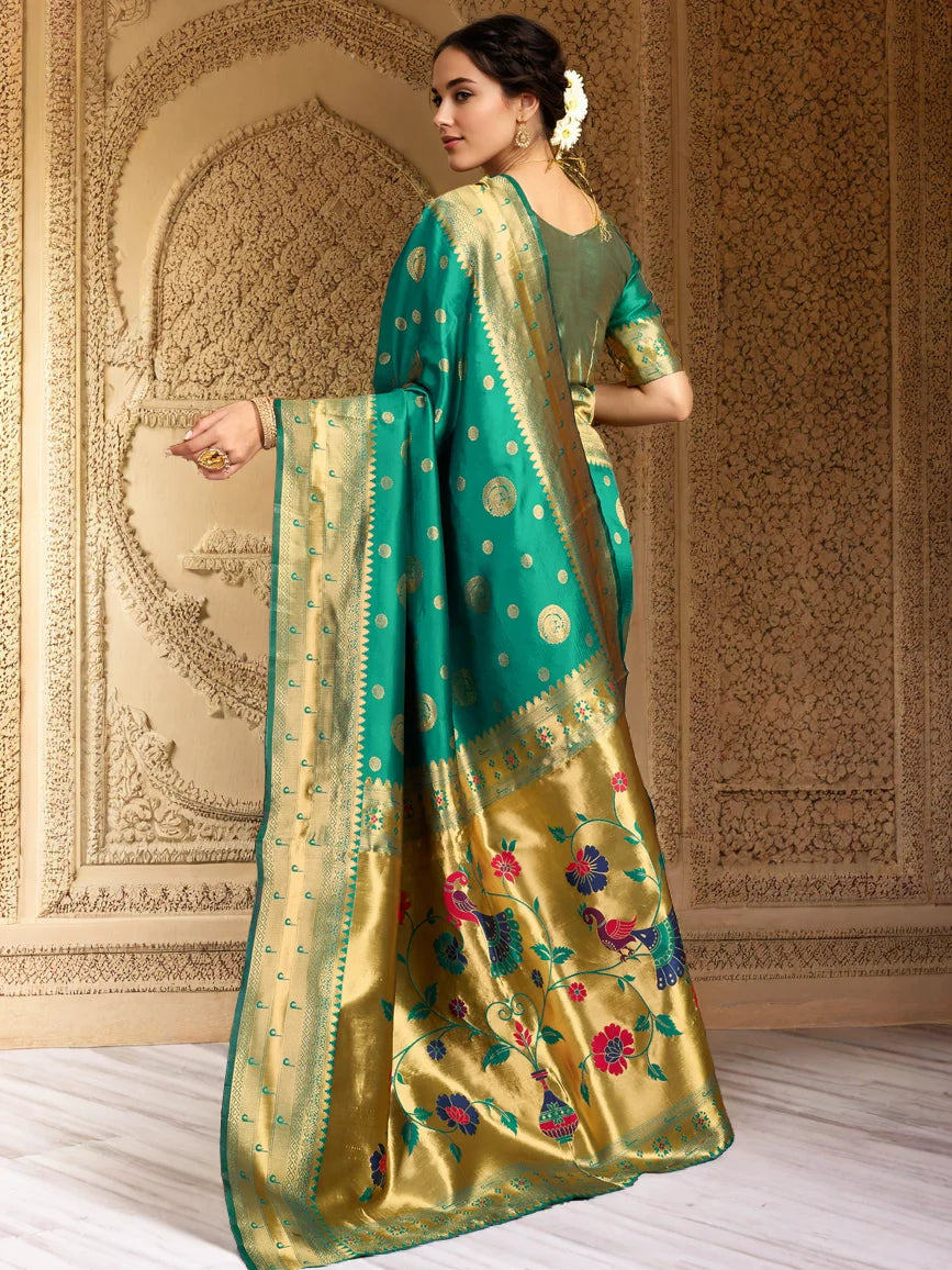 Green Silk Blend Paithani Saree With Unstitched Blouse