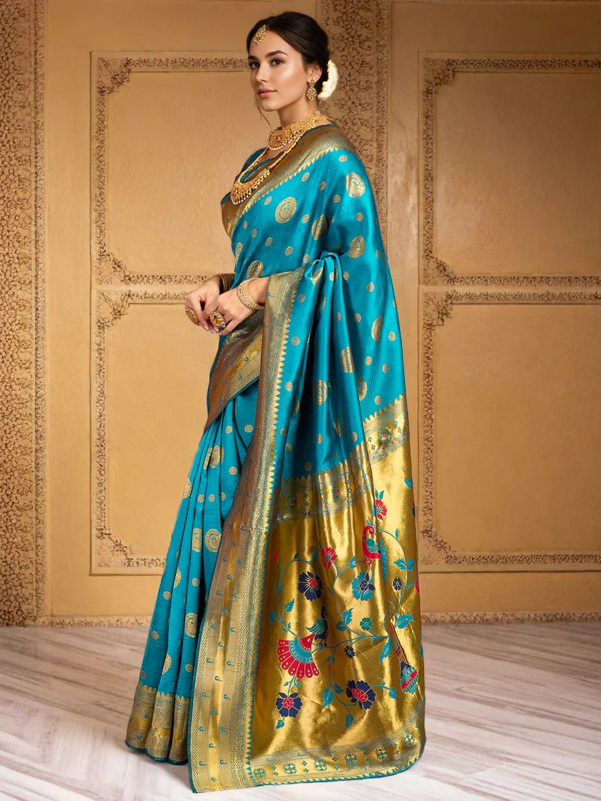 Turquoise Blue Woven Silk Saree with Floral Zari Work - Rheycart