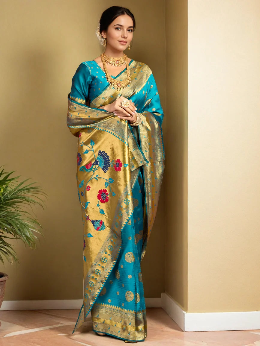 Turquoise Blue Woven Silk Saree with Floral Zari Work - Rheycart