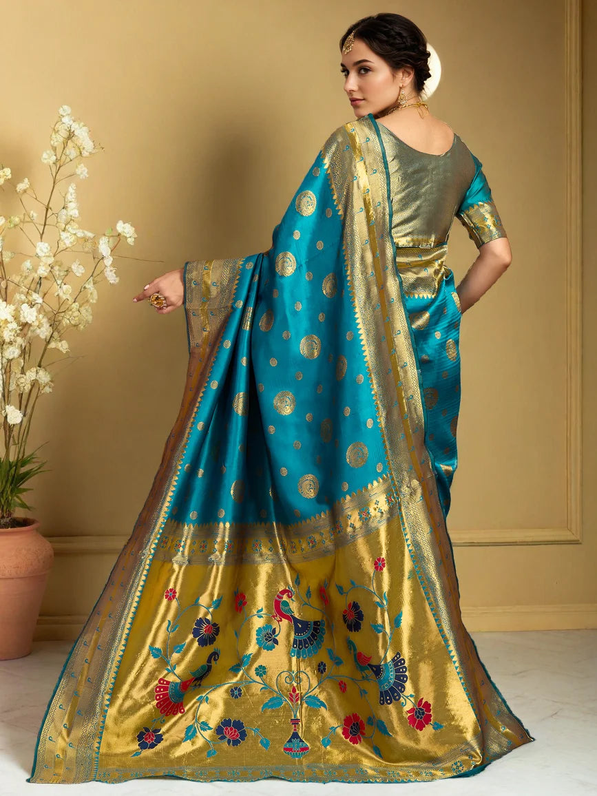 Turquoise Blue Woven Silk Saree with Floral Zari Work - Rheycart