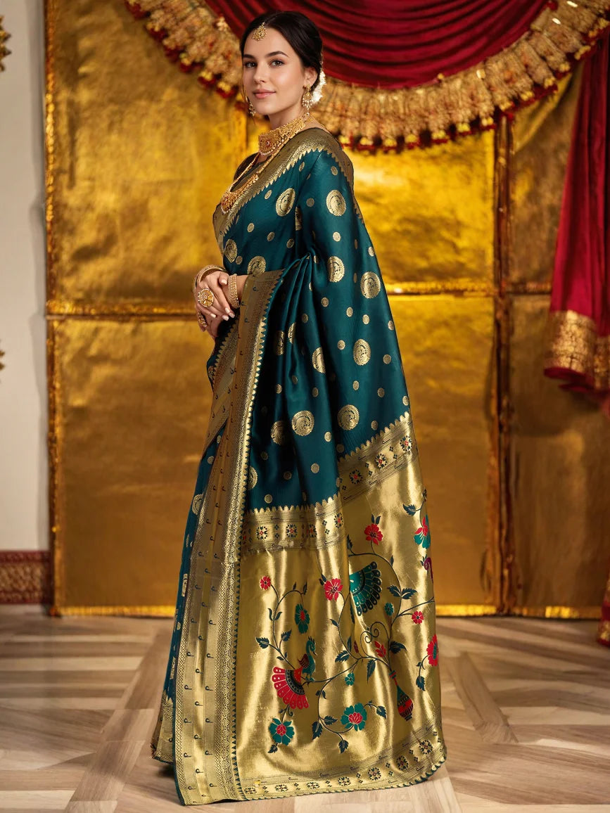 Teal Green Zari Weaving Silk Paithani Saree For Women's - Rheycart